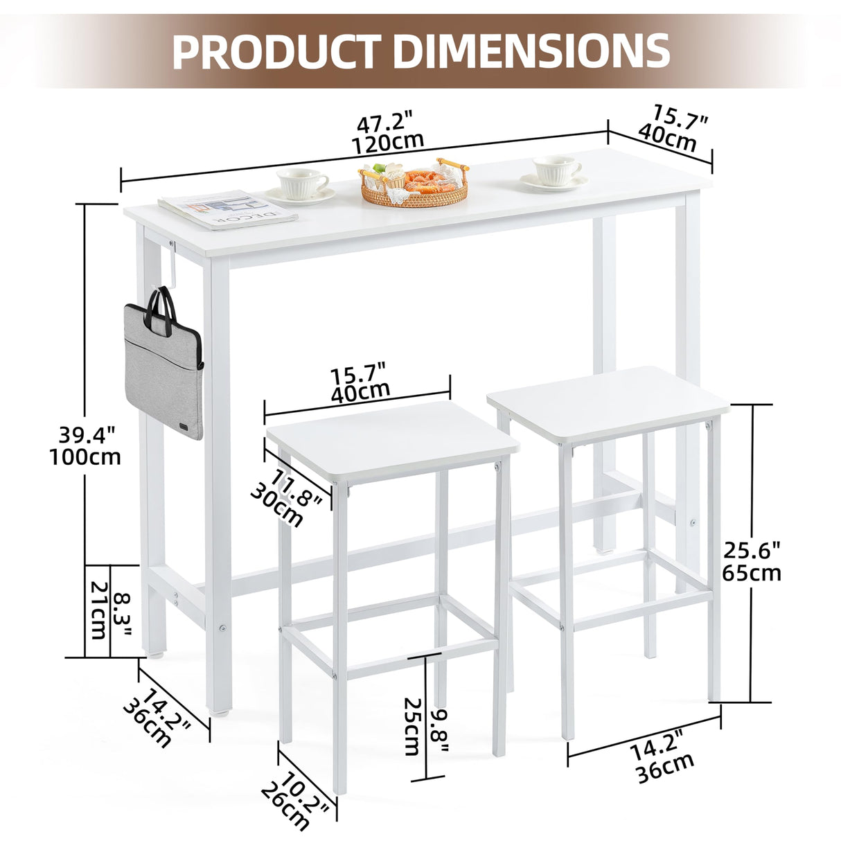 Finnhomy 47" Industrial Bar Table Set with 2 Stools - Counter Height Dining & Pub Table for Small Spaces, Kitchen, Apartment, Breakfast Nook - Metal & Wood, Space-Saving Furniture - White Finnhomy