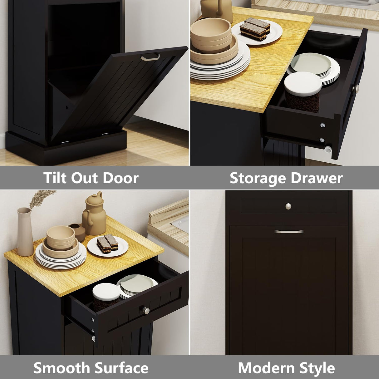 Bocarali Tilt Out Trash Cabinet, 10 Gallon Freestanding Wooden Kitchen Trash Recycling Sorter Cabinet with 2 Drawer, Tilt Out Trash Can Bin Garbage Laundry Cabinet for Living Room, Black Bocarali