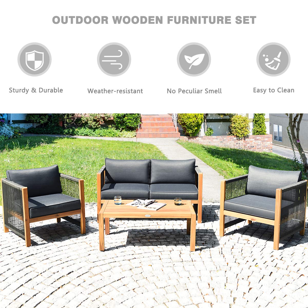Tangkula Outdoor Wood Furniture Set, Acacia Frame Loveseat Sofa, 2 Single Chairs and Coffee Table, 4 Pieces Conversation Set with Cushions, Garden Balcony Poolside Living (1, Grey) Tangkula