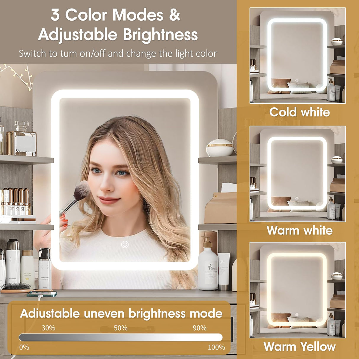 Makeup Vanity Desk, Corner Vanity with Large LED Mirror,Lots Open Shelves,Gray Vanity with Charging Station,Farmhouse Makeup Vanity Table with 3 Lighting Modes, Brightness Adjustable Maupvit