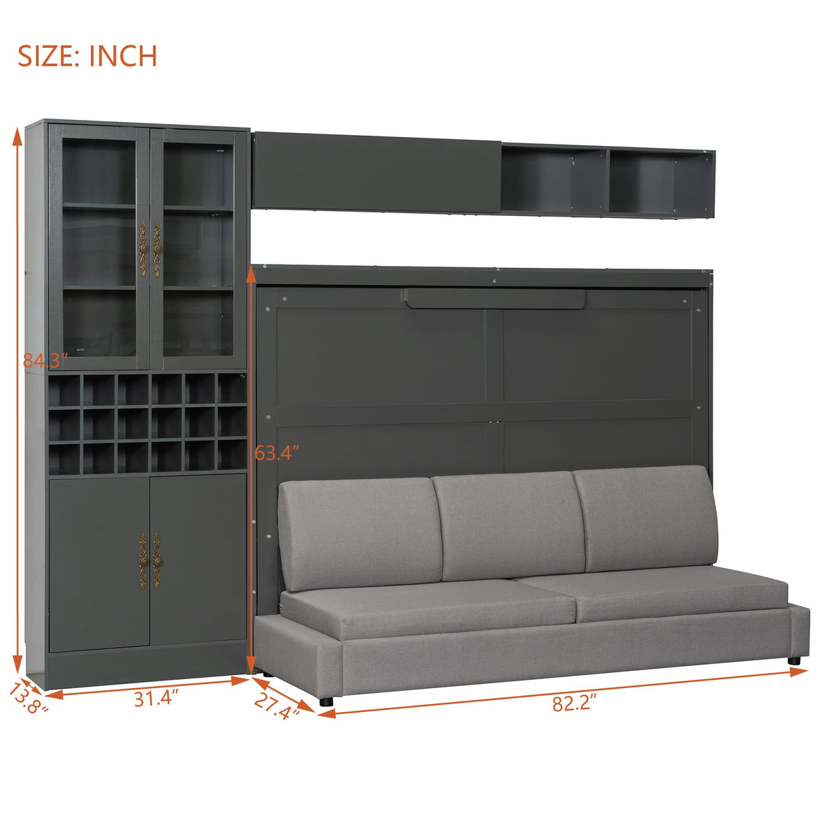 HABITRIO Full Size Murphy Bed, Wall Bed with Sofa, Shelves USB & Light, Gray HABITRIO