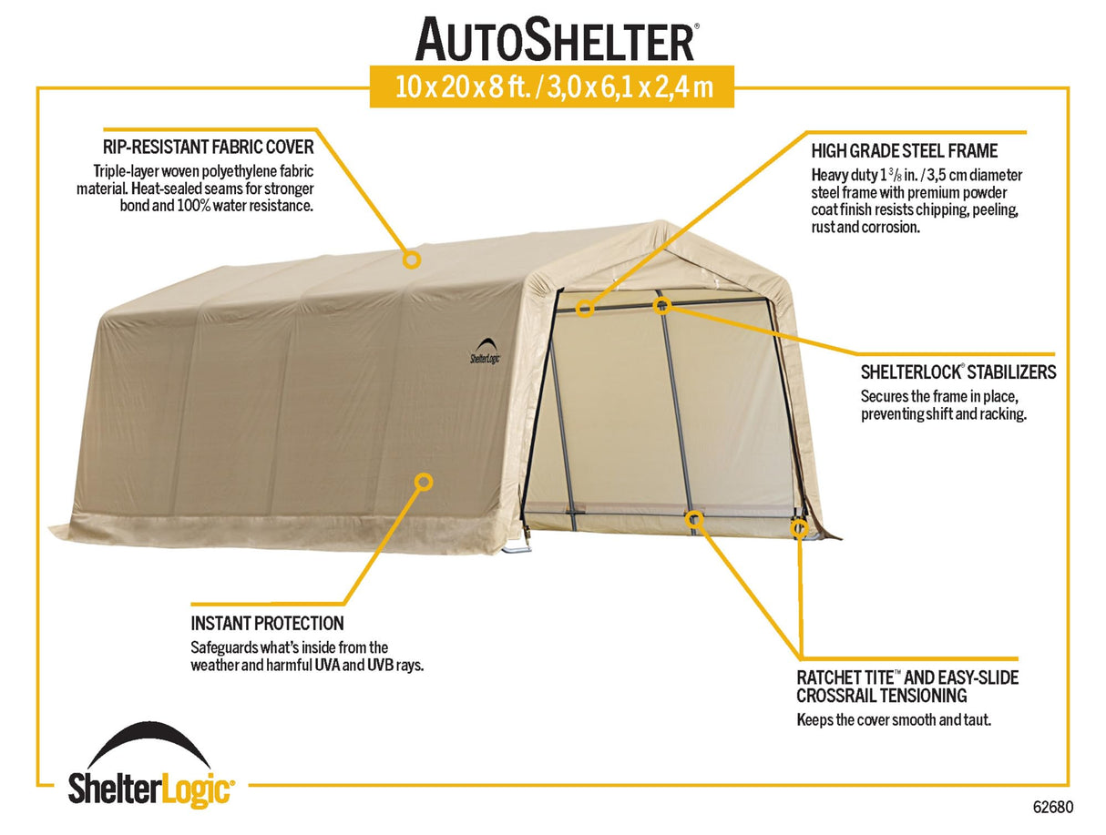 ShelterLogic 10' x 20' x 8' Peak Style Roof Instant Garage Carport Car Canopy with Steel Frame and Waterproof UV-Treated Cover, Sandstone ShelterLogic