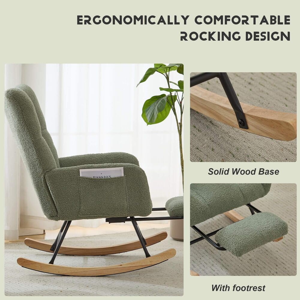 ETCZOYE Nursery Rocking Chair Teddy Upholstered Glider Rocker with Footrest Accent Chair with High Backrest Armchair Comfy Side Pocket Chair for Living Room, Bedroom, Offices (Large Green) ETCZOYE