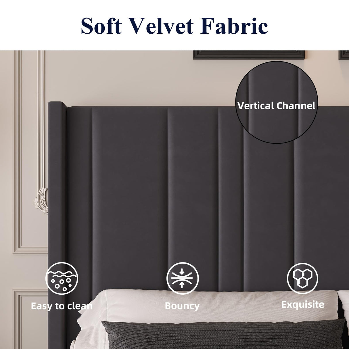 King Size Bed Frame and Headboard, Modern Velvet Upholstered Bed Frame with Vertical Channel Tufted Headboard & Footboard, Soft Bed Frame King, Noise Free, No Box Spring Needed, Easy Assembly, Grey HOMBCK
