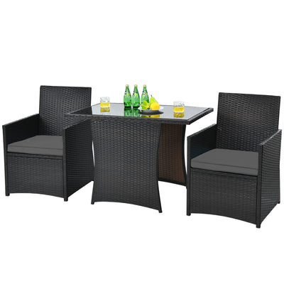 HAPPYGRILL 3 Piece Outdoor Wicker Bistro Set PE Rattan Dining Table Set with Cushioned Chairs, Patio Conversation Set for Backyard Porch Garden and Poolside