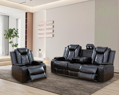 Plithzy Leather Power Recliner Sofa Set with LED, Leather Sofa Set with USB Charing&Reading Light, Living Room Furniture Set Reclining Sofa with Hidden Arm Storage (Sofa and Chair, Black)