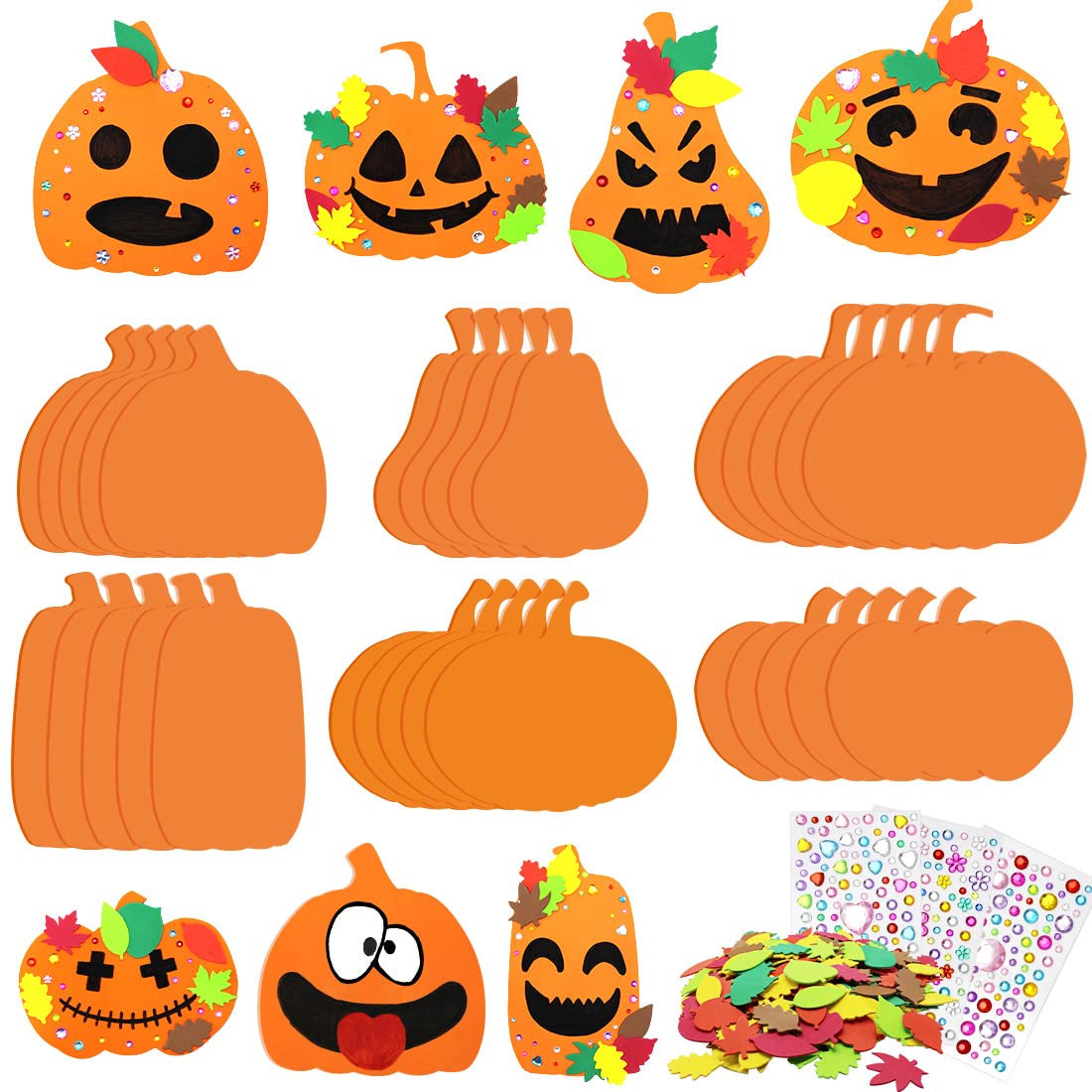 Hifunwu 30Pcs Halloween Foam Pumpkin Craft Kit Decorations with Foam Fall Maple Leaves Rhinestone Stickers for Halloween Thanksgiving Kids Art Crafts Decorations Hifunwu