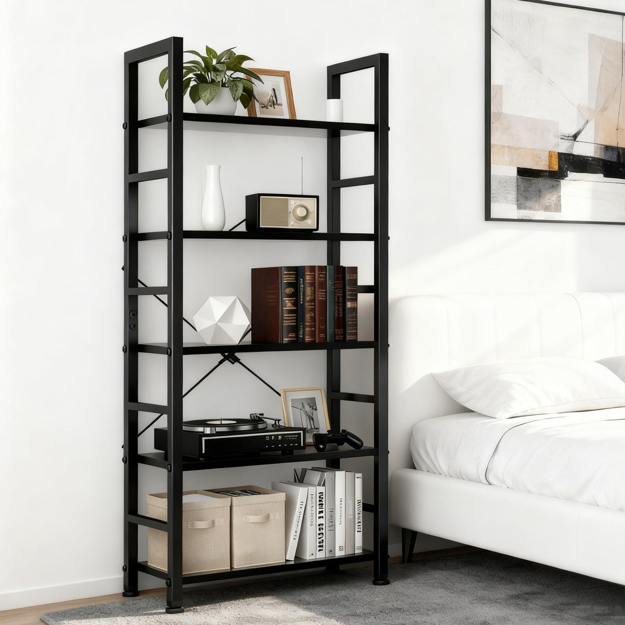 SageNest 5-Tier Bookshelf, Free Standing Wooden Bookcase with Open Storage Shelves with Metal Frame, Sturdy Shelf Organization Display Rack for Living Room, Bedroom, Home Office, 62.2" Tall, Black SageNest