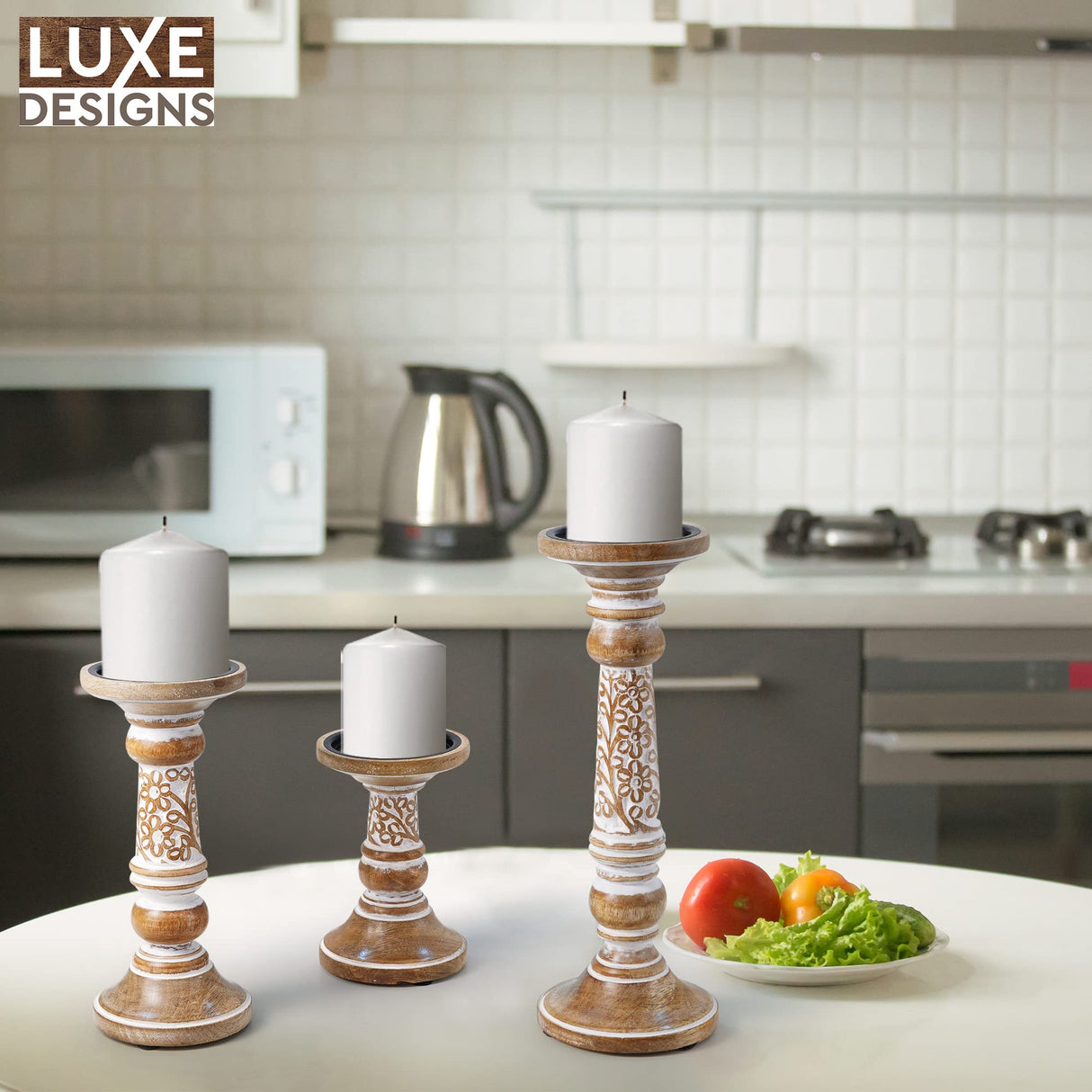 Pillar Candle Holders- Rustic White Hand Carved Mango Wood Candle Holders for Pillar Candles in Home, Living Room, Kitchen or Table Centerpiece Set of 3 Candlestick Holders- 6", 9", 12" for Home Decor Luxe Designs