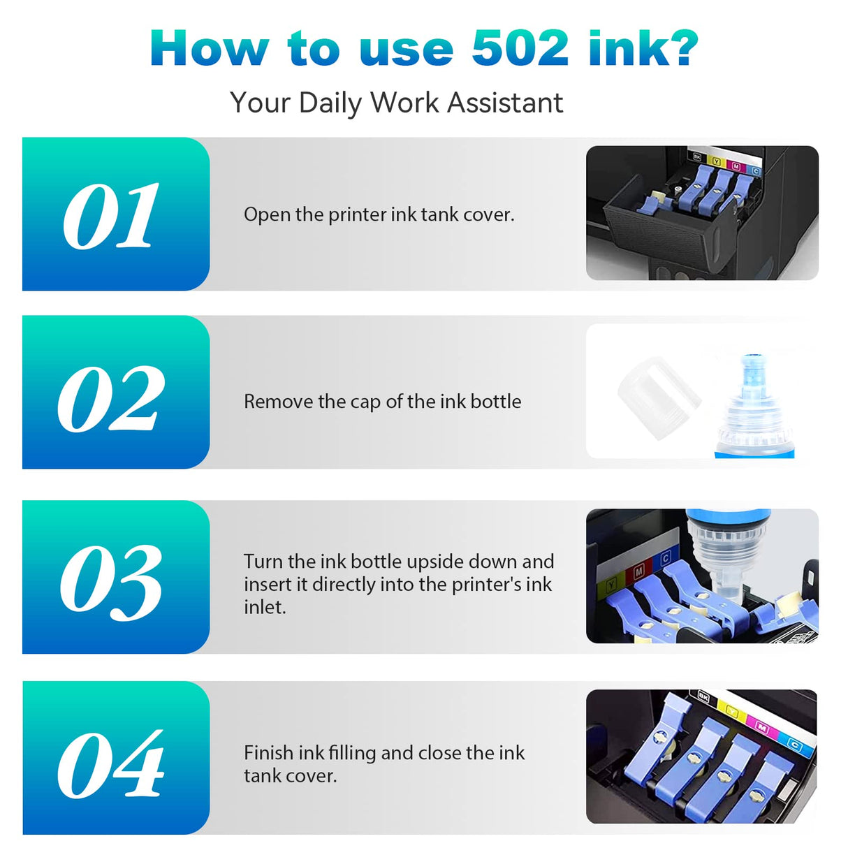 ET-4760 Ink for Epson 502 Compatible Ink Refill Bottle Replacement for Epson 502 T502 Refill Ink use for ET-4750 ET-2850 ET-3850 ET-2700 ET-2760 ET-4760 ET-3760 ET-3700 ET-3750 Printer (4 Pack) Sutuink