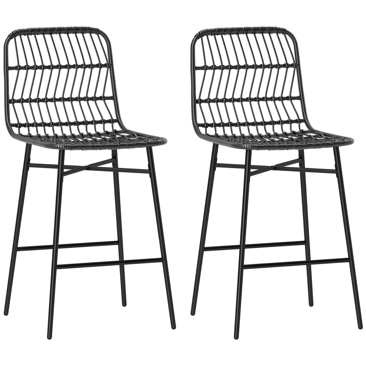 HOMCOM Rattan Counter Height Bar Stools Set of 2, 26" Wicker Barstools with Back, Modern Bar Chairs for Kitchen Island, Kitchen Counter and Dining Room, Black HOMCOM