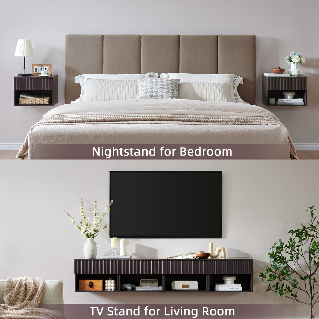 BuildHom Floating Nightstand with Fluted Drawer - Modern Wall Mounted Bedside Table with Open Storage Shelf, Small Night Stand TV Stand for Bedroom(Espresso) BuildHom