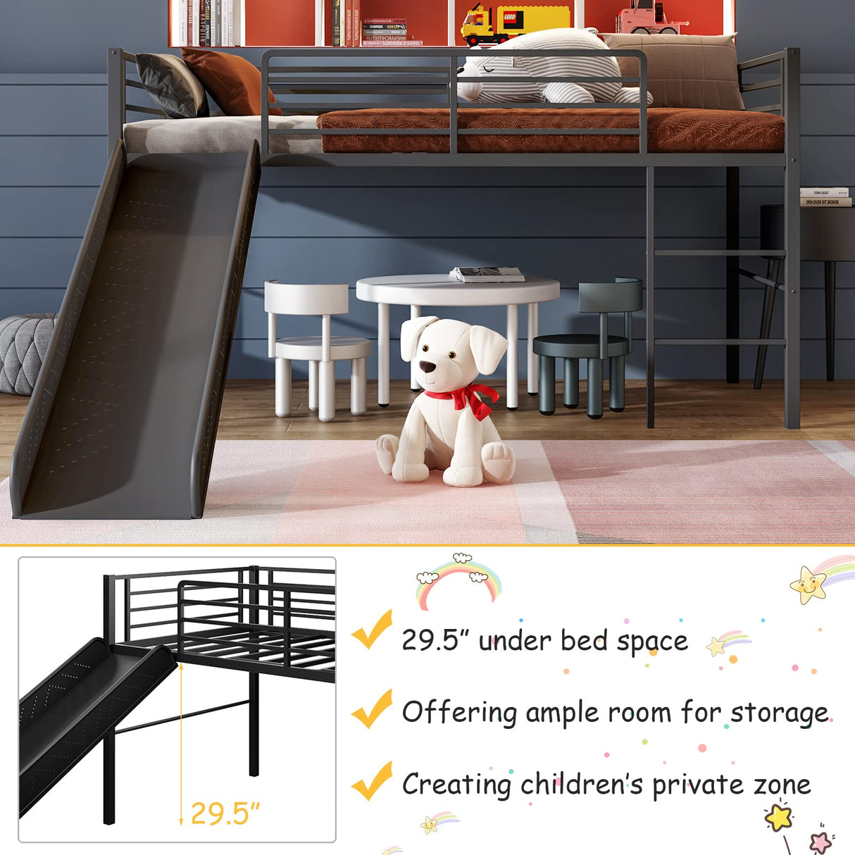 Giantex Twin Loft Bed with Slide, Metal Low Bunk Bed w/Safety Guardrails & Built-in Ladder, Toddler Bed Floor Frame for Boys & Girls, No Box Spring Needed (Black) Giantex