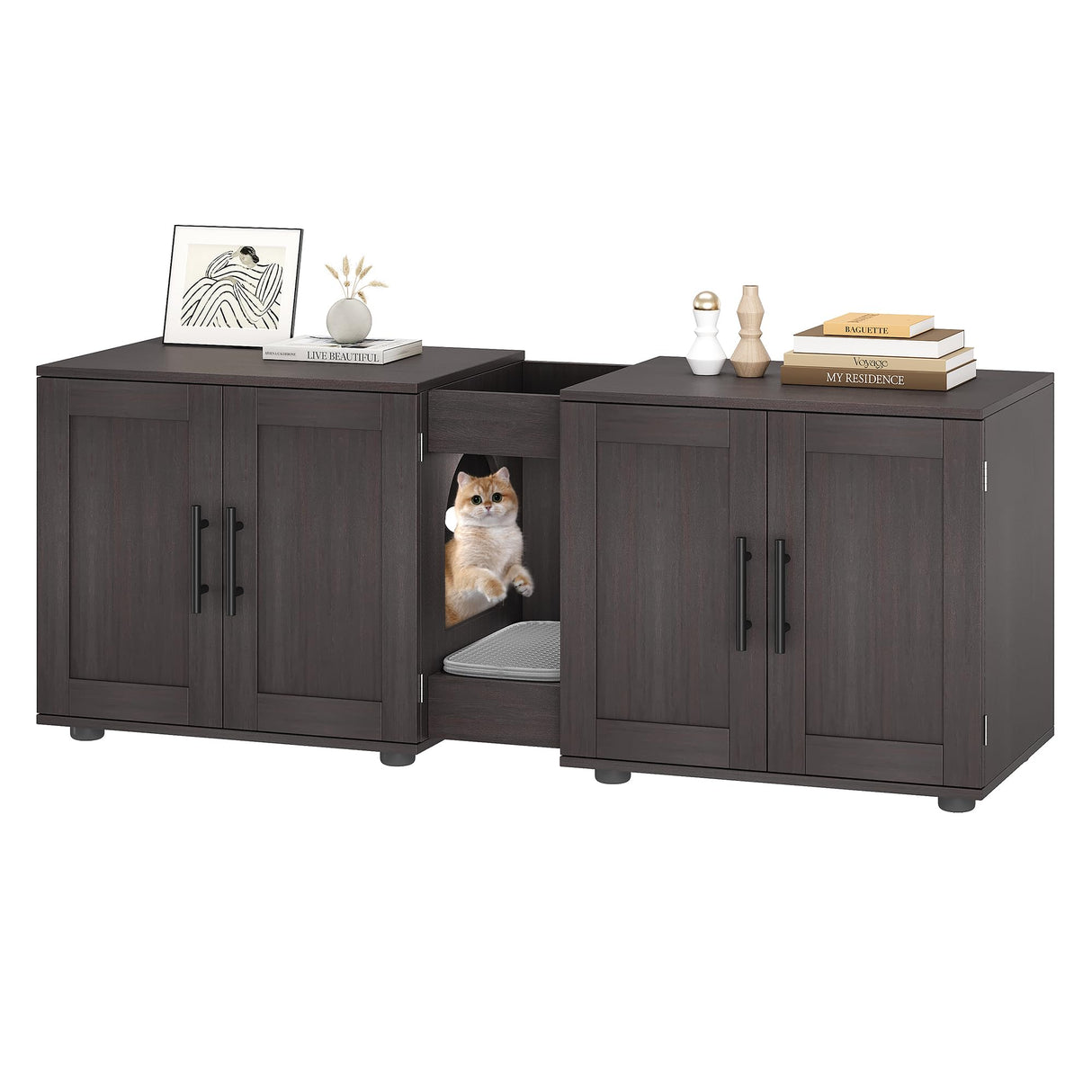 Festisoul Double Compartment Cat Litter Box Enclosure with Hidden Design, Wooden Cat Washroom Furniture for Indoor Cats, Hidden Litter Box Cabinet in Hidden Mountain Walnut Festisoul