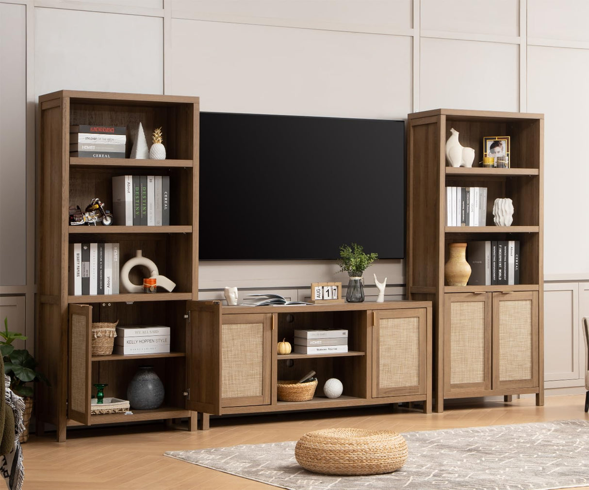 SICOTAS TV Stand for Living Room : Rattan TV Console Cabinet with Storage and Shelf, Boho Entertainment Center, 59" Media Console for 55, 65 Inch TV, 26" Tall Wood Television Stands, Oak SICOTAS
