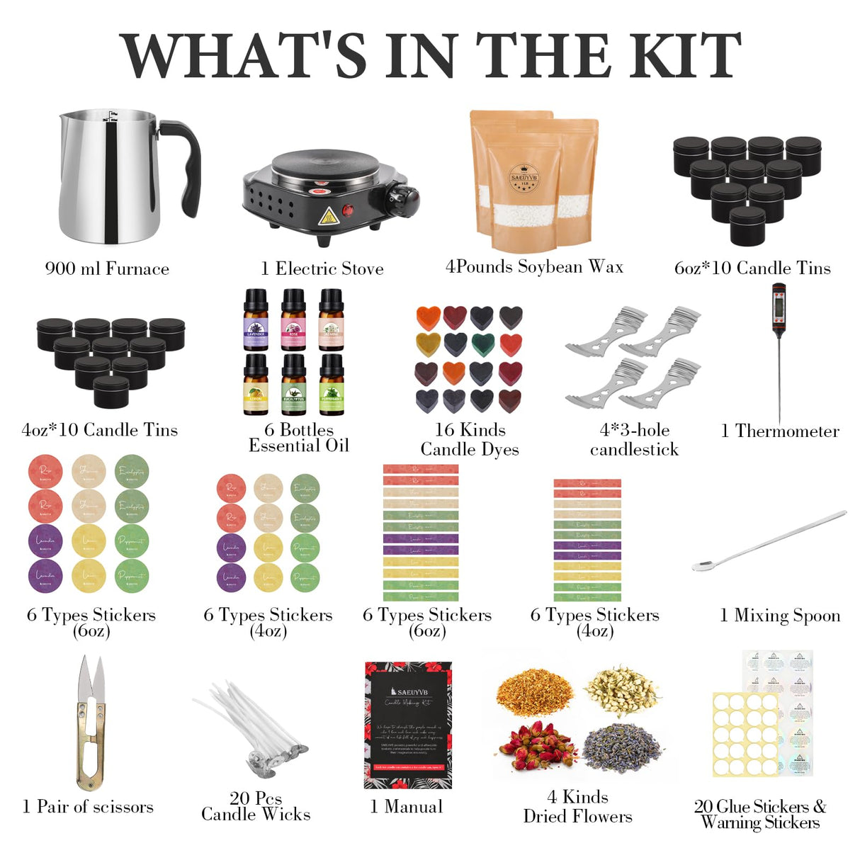 SAEUYVB Candle Making Kit, Candle Making Kit for Adults - DIY Starter Soy Candle Making Supplies-Including Soy Wax,Electric Stove,Melting Pot,Candle Wicks,Rich Scents,Stickers,Etc SAEUYVB