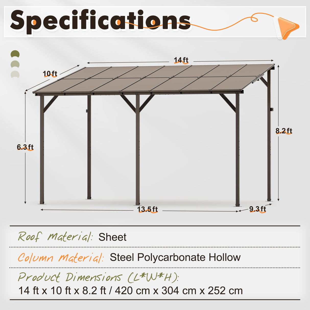 Crownland 10'x14' Outdoor Gazebo Hardtop, Wall-Mounted Lean-to Gazebo with Dewatering Hole, Large Outdoor Pergola Awning, Waterproof for Deck, Backyard, Garden, Porch Crownland