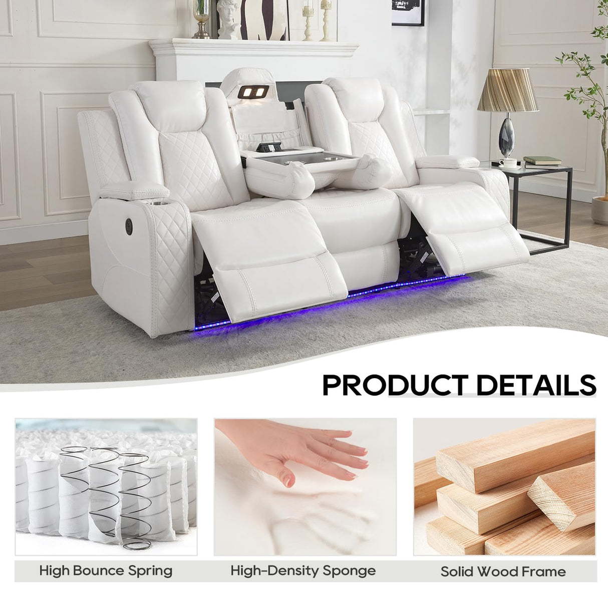 Power Reclining Sofa Couch with Wireless Charger, 3 Seaters with Recliner with Reading Light, Leather Electric 3 Seat Sofa Sectional Set for Living Room, Home Theater Seating with LED Lights, White Comfort Stretch