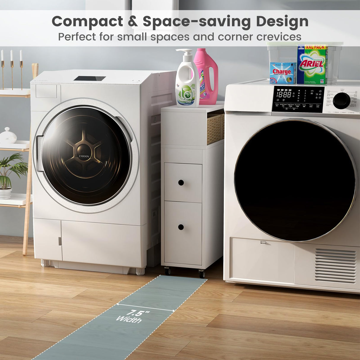 Tangkula Compact White Bathroom Storage Cabinet with Drawers and Rattan Baskets on Wheels Tangkula