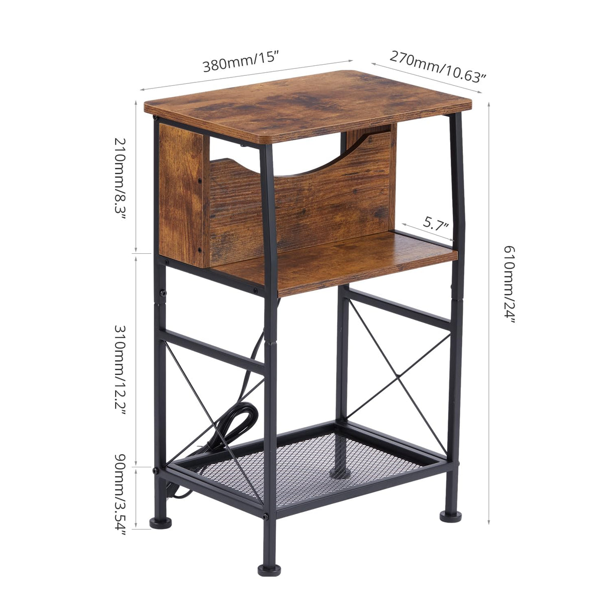 3 Tier Narrow Side Table with Charging Station, Slim End Table Nightstand Table Storage Shelf With Hidden USB Ports , Two Installation Methods For Small Spaces/Bedroom/Living Room/Office,Rustic Brown YEAKOO