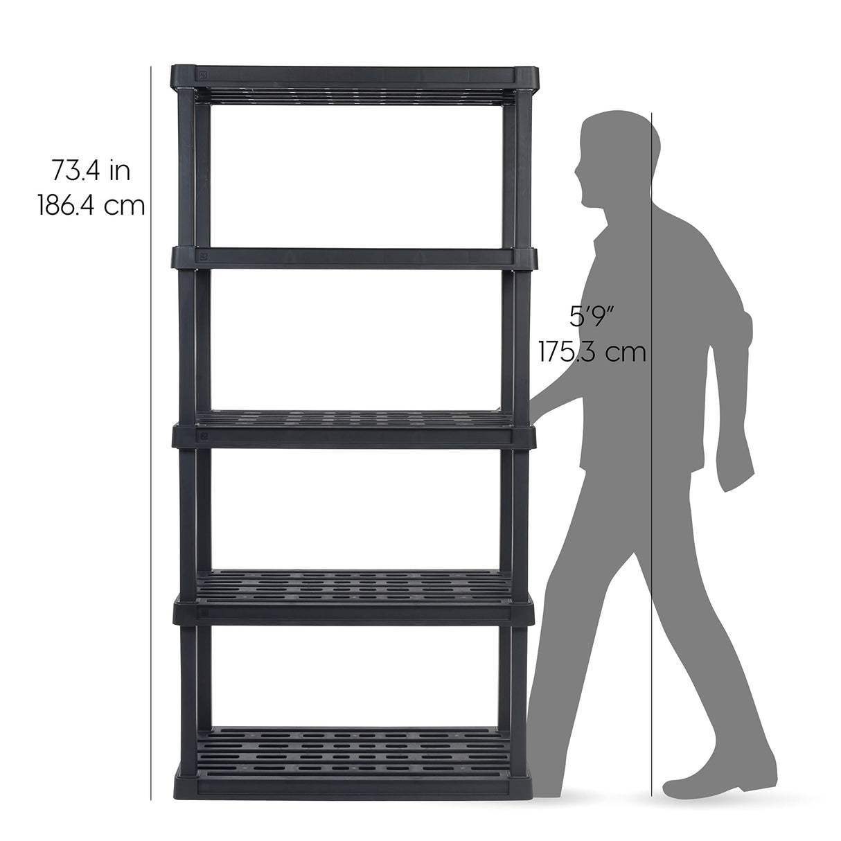 IRIS USA 5-Tier Heavy Duty Plastic Shelving Unit, 73" Tall - 100lbs per Shelf, Modular Garage Rack Storage Organizer for Home, Basement, Laundry & Utility Room, 18"D x 36"W x 73"H - Black IRIS