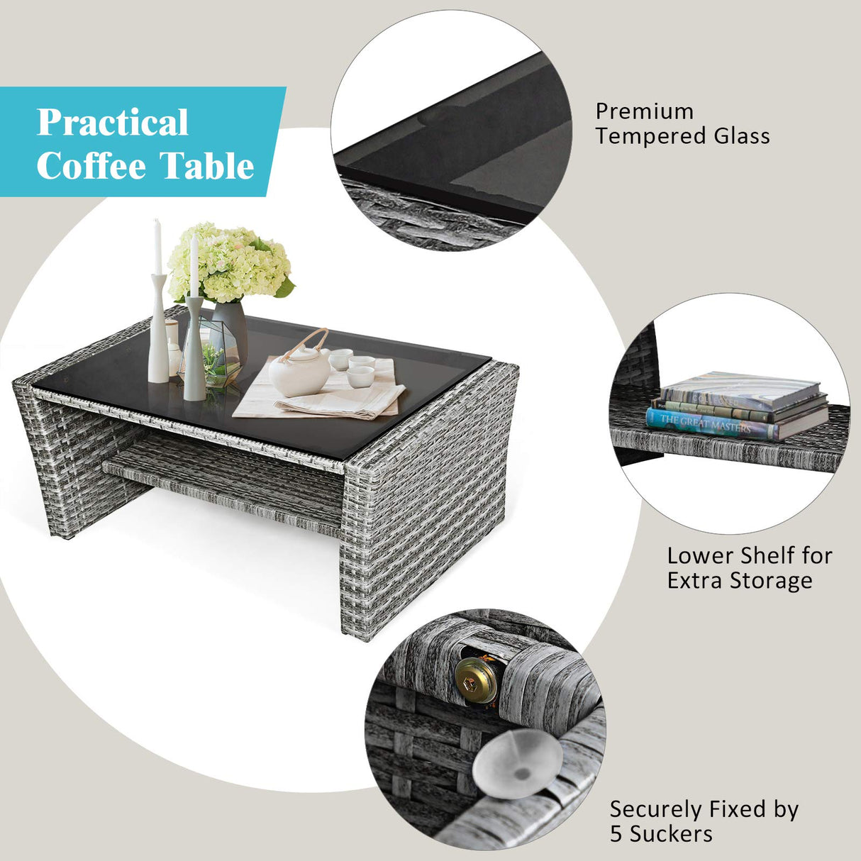 COSTWAY 4 Pieces Patio Rattan Furniture Set, Outdoor Wicker Sofa Set with Tempered Glass Coffee Table, Cushions, All Weather Rattan Conversation Set for Yard Balcony Backyard Pool, Turquoise COSTWAY