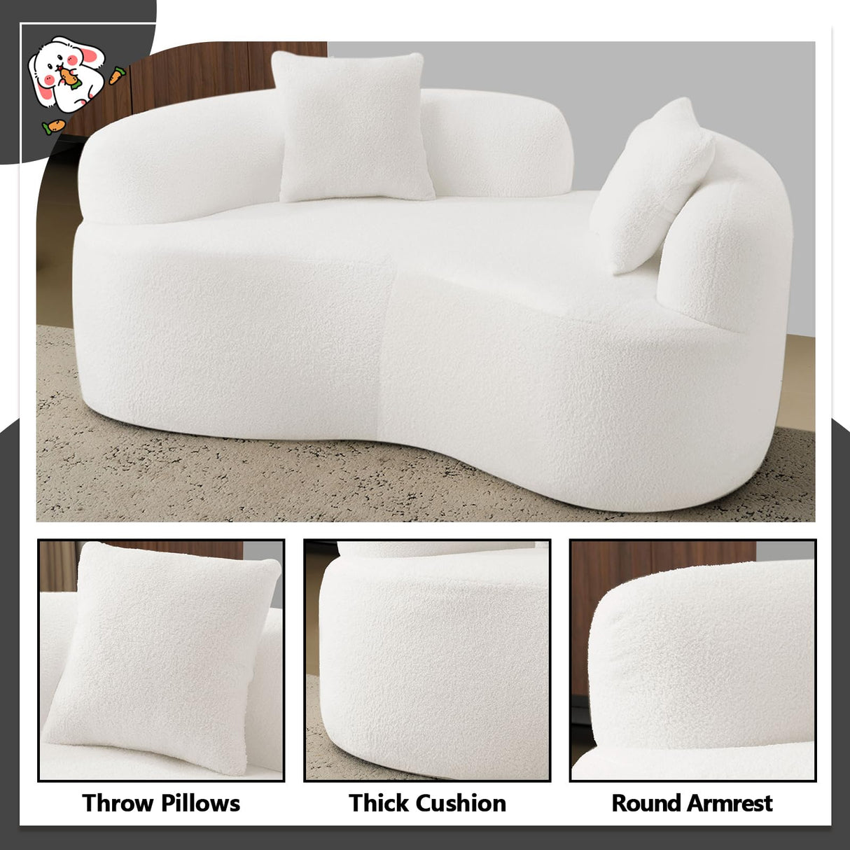 HRVEOCEI 67" White Curved Loveseat Sofa with 2 Pillows, Boneless Curved Couch with Round Armrest, Cloud Sofa for Living Room Bedroom Small Spaces, Teddy, Modern, Compressed, No Assembly (White-1) HRVEOCEI