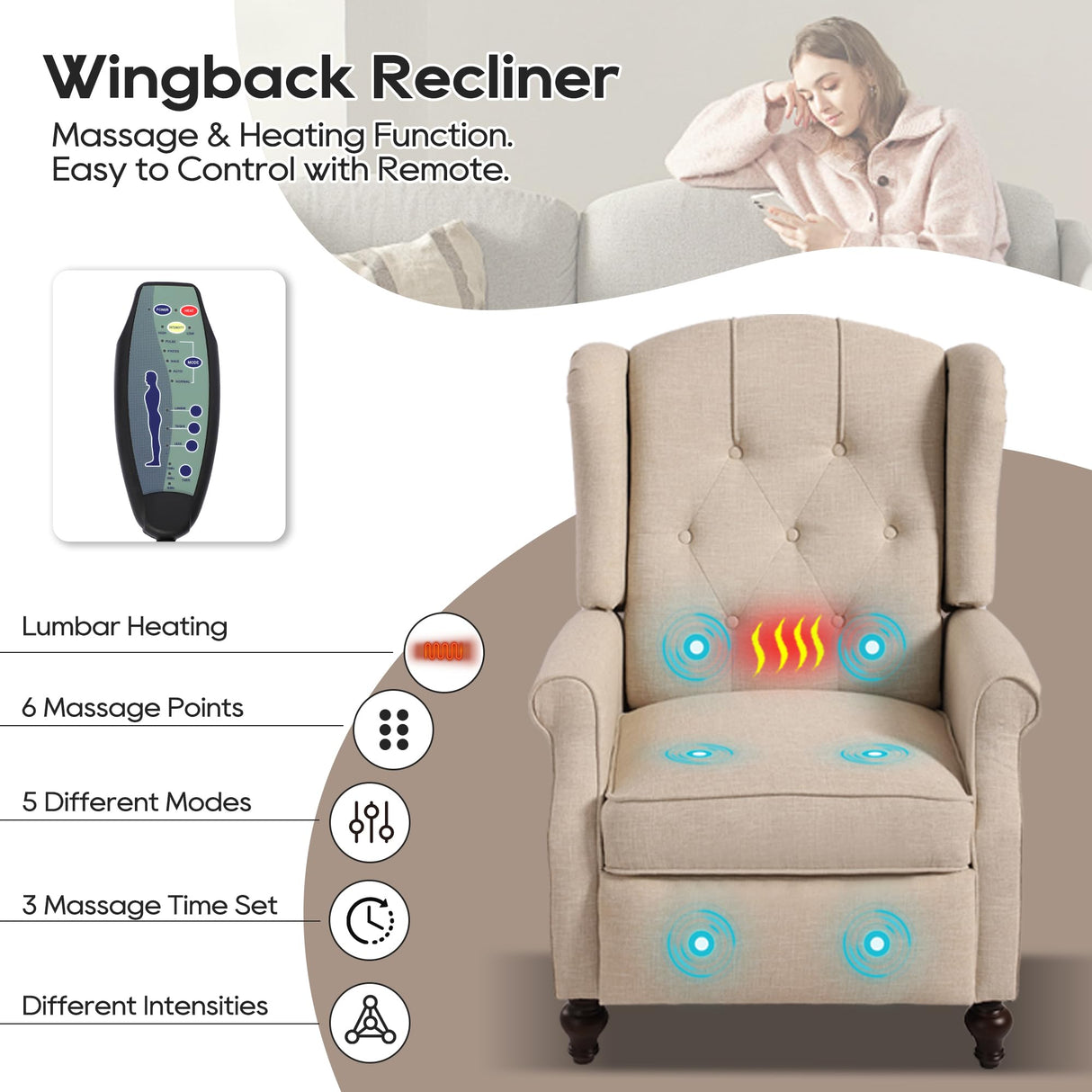 Consofa Wingback Recliner Chair with Massage and Heat, Tufted Fabric Push Back Recliner Chair for Living Room, Vintage Recliner Chair with Remote Control, Padded Cushion, Backrest, Wooden Legs Consofa