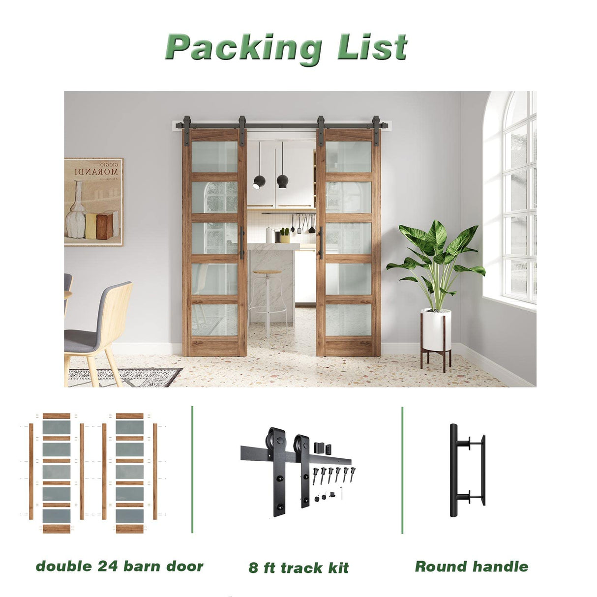 FREDBECK Double 24 x 84 inch Glass Barn Doors 48inch Barn Door with 8FT Hardware Kit & Handle Included,5-Panel Frosted Glass,LVL Wood Panel,Water-Proof PVC Surface,Pre-Drilled Holes,Need Assembly FREDBECK