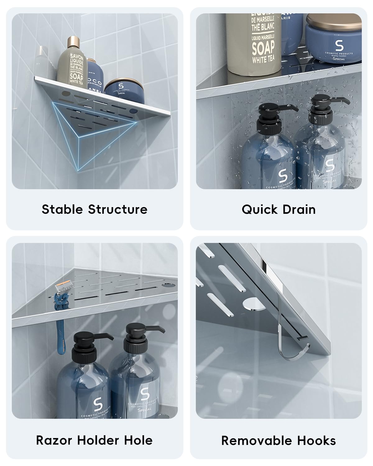 DAYONE 2 Pack Corner Shower Shelves 10", Chrome 304 Stainless Steel Recessed Bathroom Shelf with Razor Holding Hole and 2 Hools, for Tiled Wall No Drilling Needed DAYONE