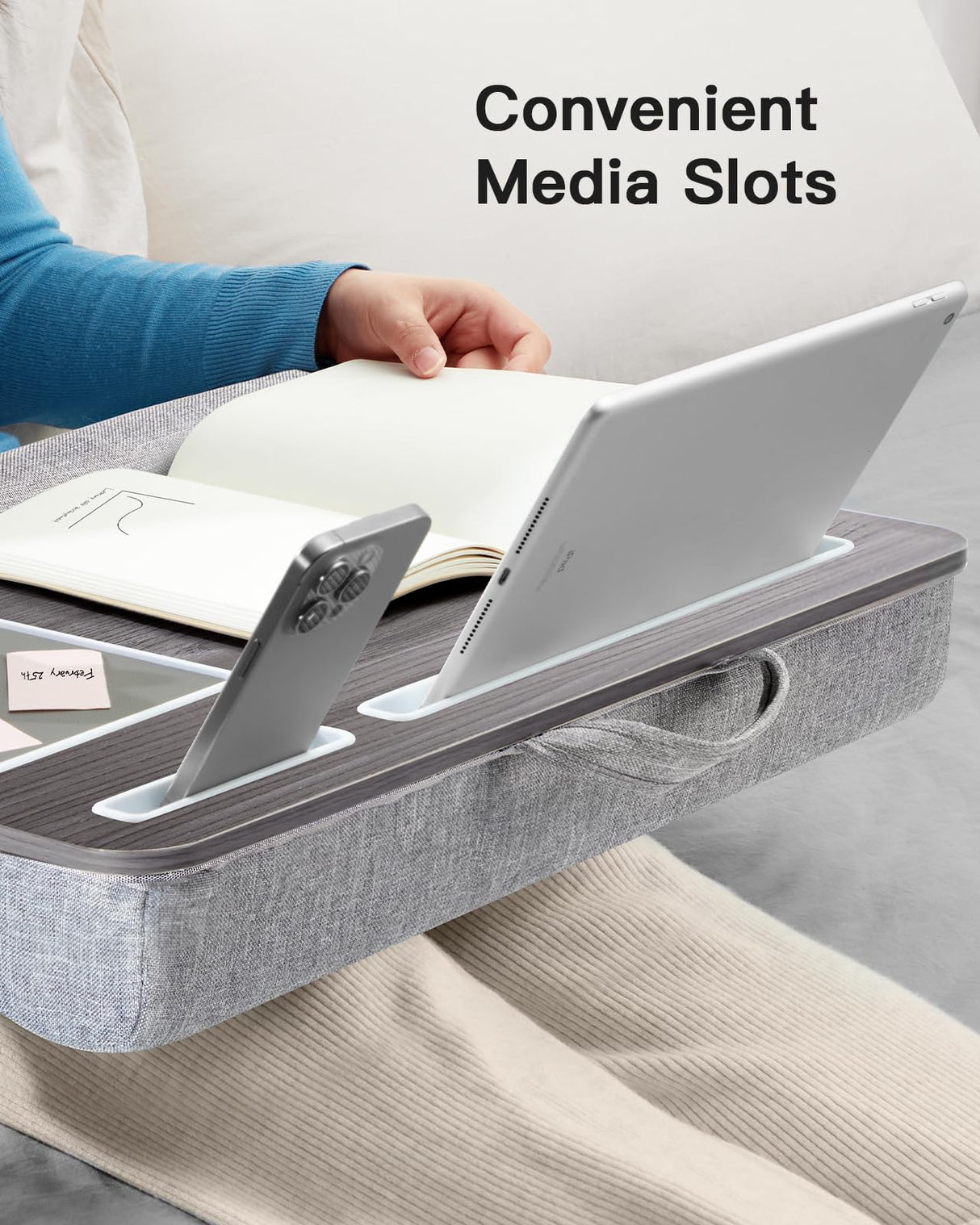 HUANUO Lap Desk - Fits up to 17 inches Laptop Desk, Built in Wrist Pad for Notebook, MacBook, Tablet, Lap Laptop Desk with Tablet, Pen & Phone Holder (Black Woodgrain) HUANUO