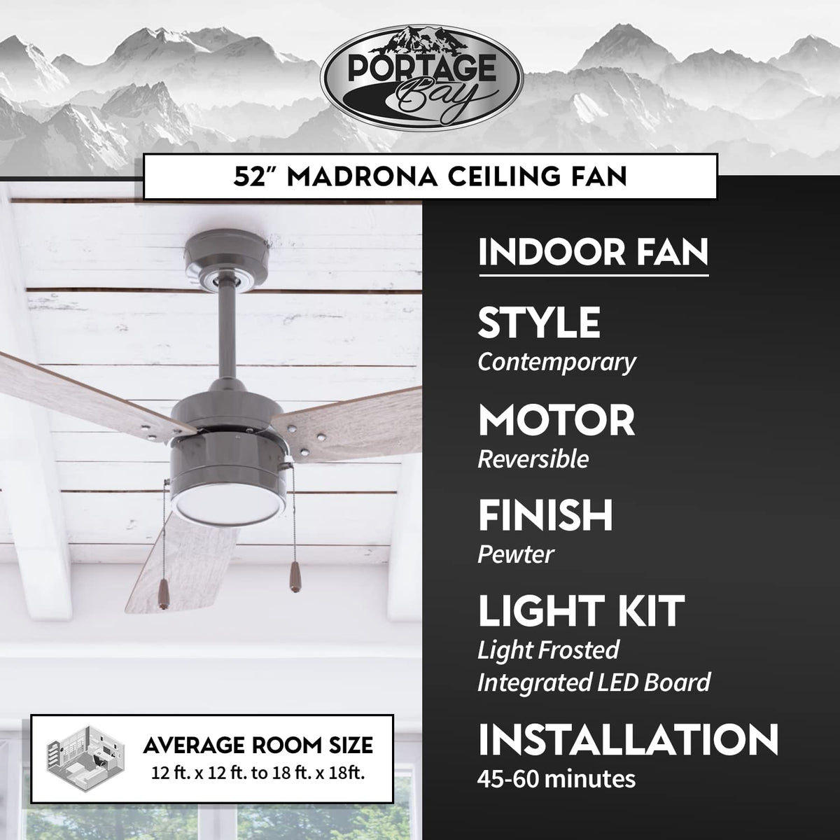Portage Bay 51453 Madrona Ceiling Fan, 52, Gun Metal Portage Bay