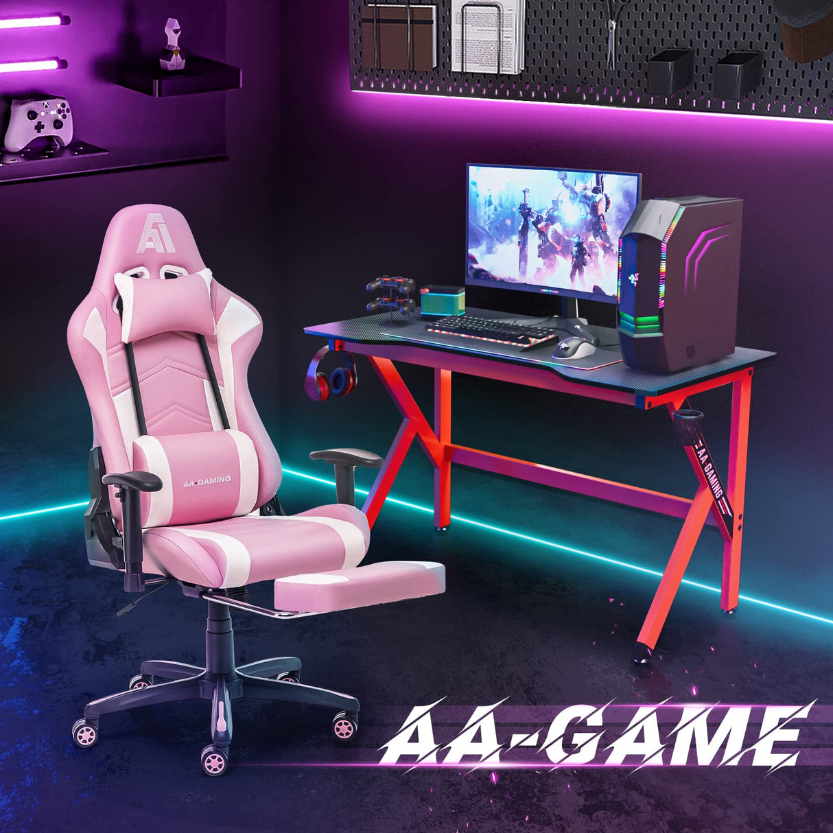 AA Products Gaming Chair Ergonomic High Back Computer Racing Chair Adjustable Office Chair with Footrest, Lumbar Support Swivel Chair - WhitePink AA Products Inc.