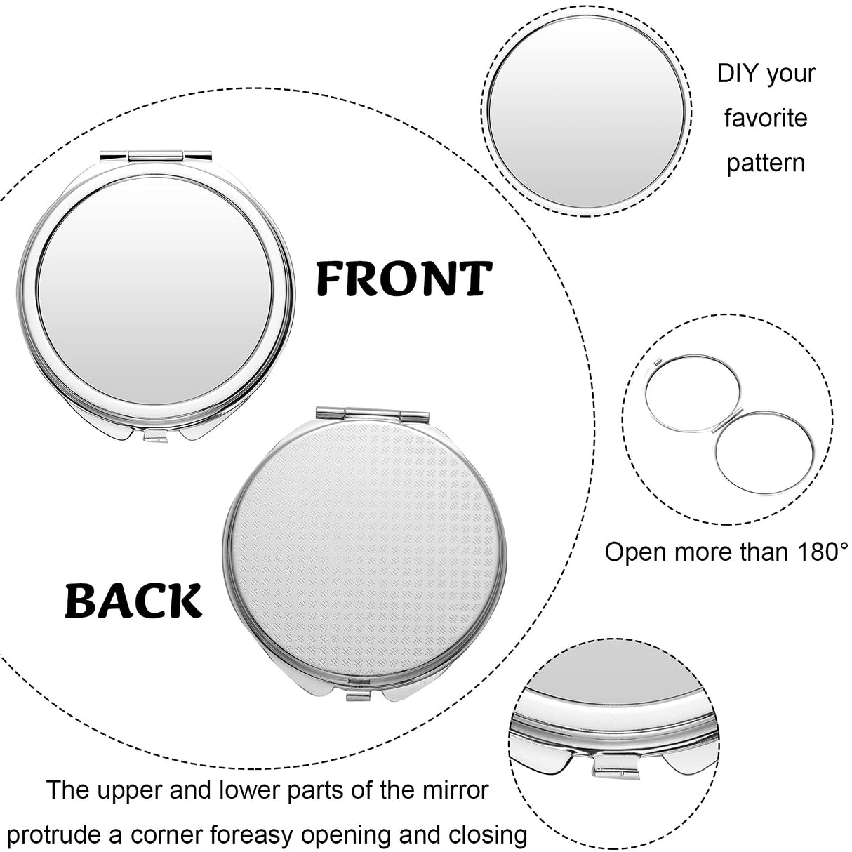 6 Pieces Sublimation Pocket Makeup Mirror Sublimation Metal Compact Mirror Sublimation Travel Makeup Mirror for Women Men Home Travel Use Jetec