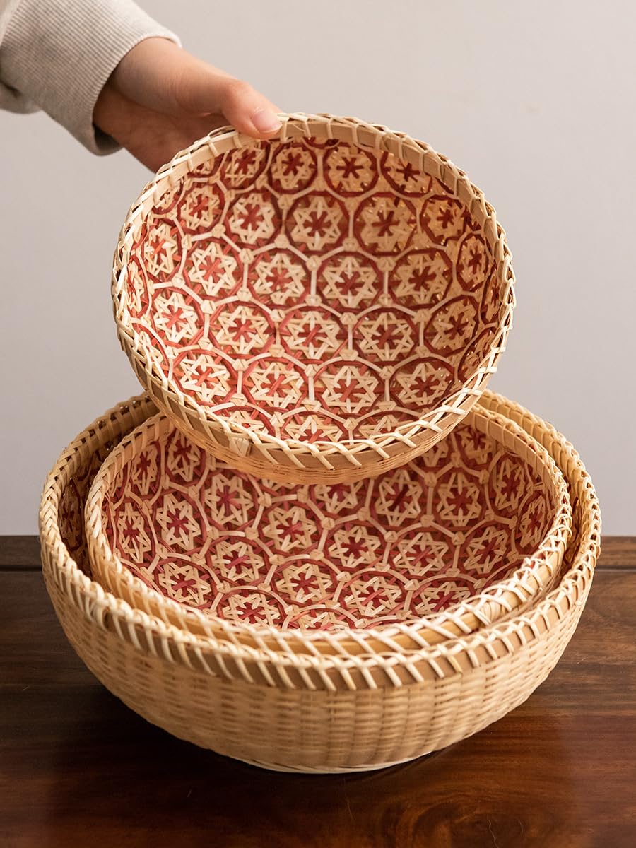 Elsjoy Set of 3 Wicker Woven Storage Basket, Bamboo Bread Basket Round Rattan Serving Basket Farmhouse Decor for Fruits, Vegetables, Potatoes, Stackable 9.6"/8"/7" Elsjoy