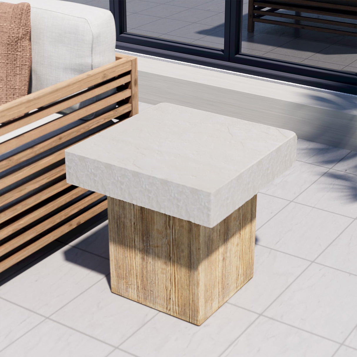 COSIEST Outdoor Medium Side Table, Patio Coffee Table, 19.7 inches Square MgO End Stool with Faux Wooden Pedestal Base,for Patio, Garden, Backyard, Antique Beige COSIEST