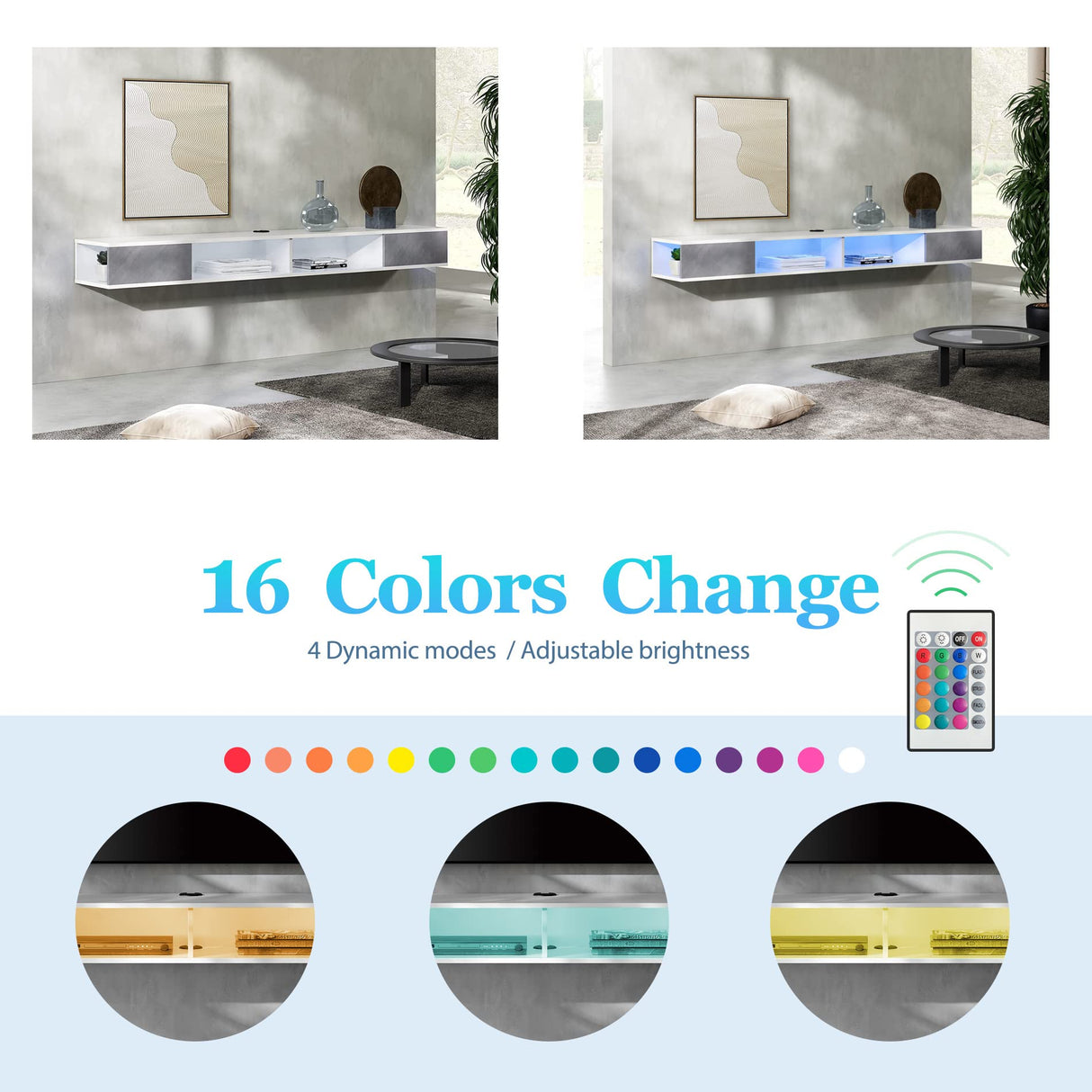 WAMPAT 70 inch Floating TV Console for 75 inch, Floating Entertainment Center Wall Mounted for Under TV, Floating TV Shelf for Living Room, White & Gray WAMPAT