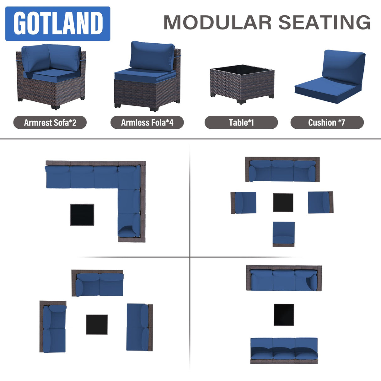 Gotland 7-Piece Outdoor Patio Furniture Set - All-Weather PE Rattan Sectional Wicker with Replaceable Navy Waterproof Cushions & Coffee Table Gotland