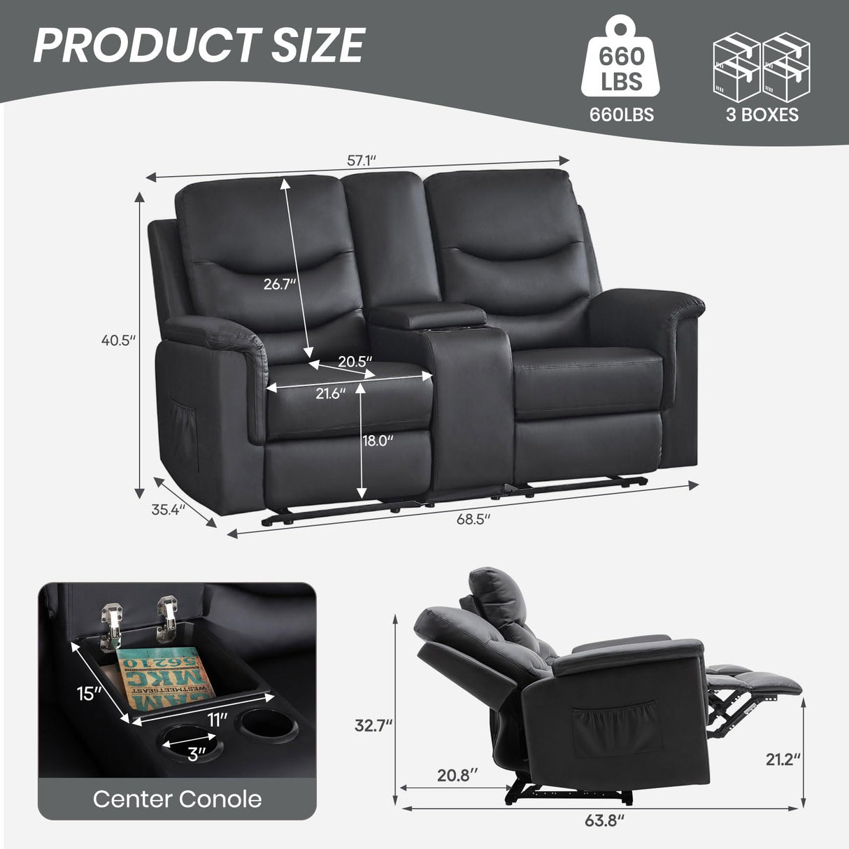 Consofa Reclining Loveseat with Console, Manual Loveseat Recliner Sofa, Wall Hugger Double Reclining Loveseat with Side Pockets & Cup Holders for Living Room, Office, Home Theater Consofa