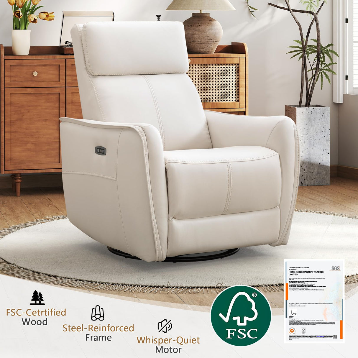 ANJ Swivel Recliner Chair, Glider Rocker Recliners for Nursery, Power Rocker Reclining Chair with USB Port, Upholstered Leathaire Electric Rocking Chairs for Living Room, Bedroom, Cream White ANJ