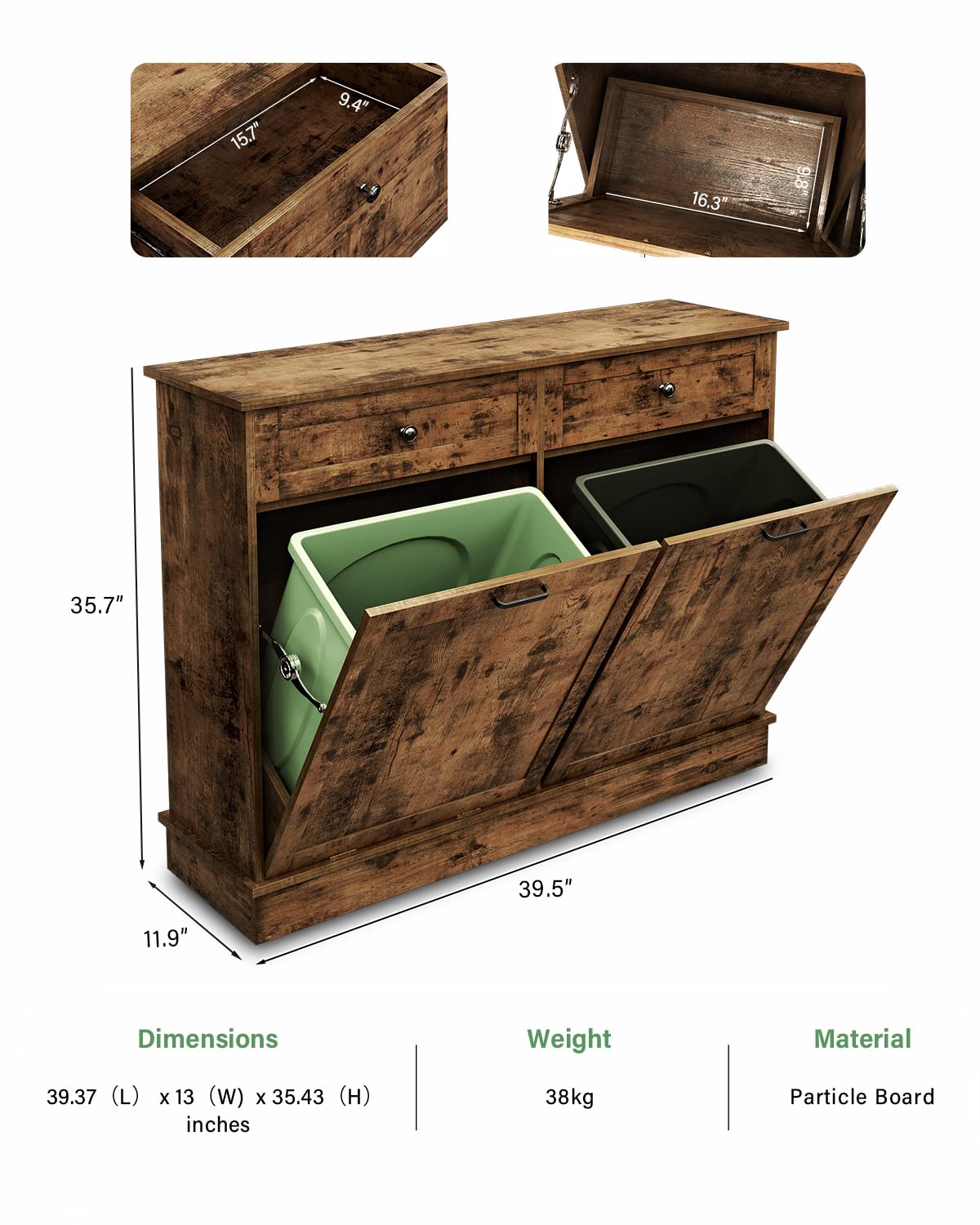 TC-HOMENY Tilt Out Trash Cabinet with Drawer, Free Standing Trash Can Cabinets, Manual and Auto Mode Shutdown Cabinet Door, Recycling Can Cabinet Home, Kitchen, Living Room TC-HOMENY