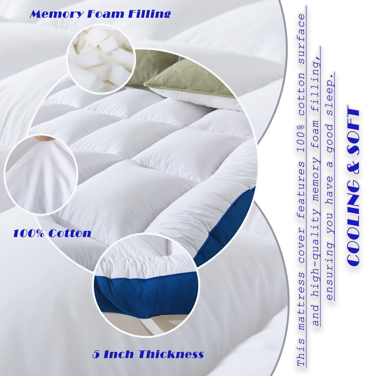 WhatsBedding 5 Inch Memory Foam Full Size Mattress Topper 100% Cotton Top, Filled with Breathable & Soft Memory Foam Pillow Top,4 Elastic Straps, 75x54x5 Inch, Full WhatsBedding