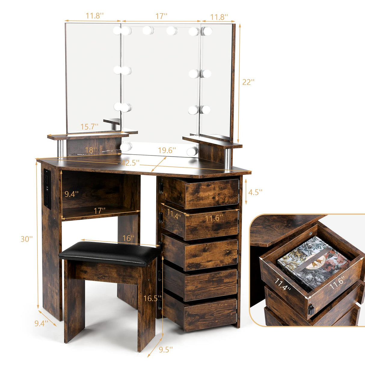 VOWNER Vanity with Lights - Makeup Vanity Desk with Power Outlet, 3 Color Lighting Options Brightness Adjustable, Vanity Table with 5 Rotating Drawers, Shelves and Stool for Bedroom, Rustic VOWNER