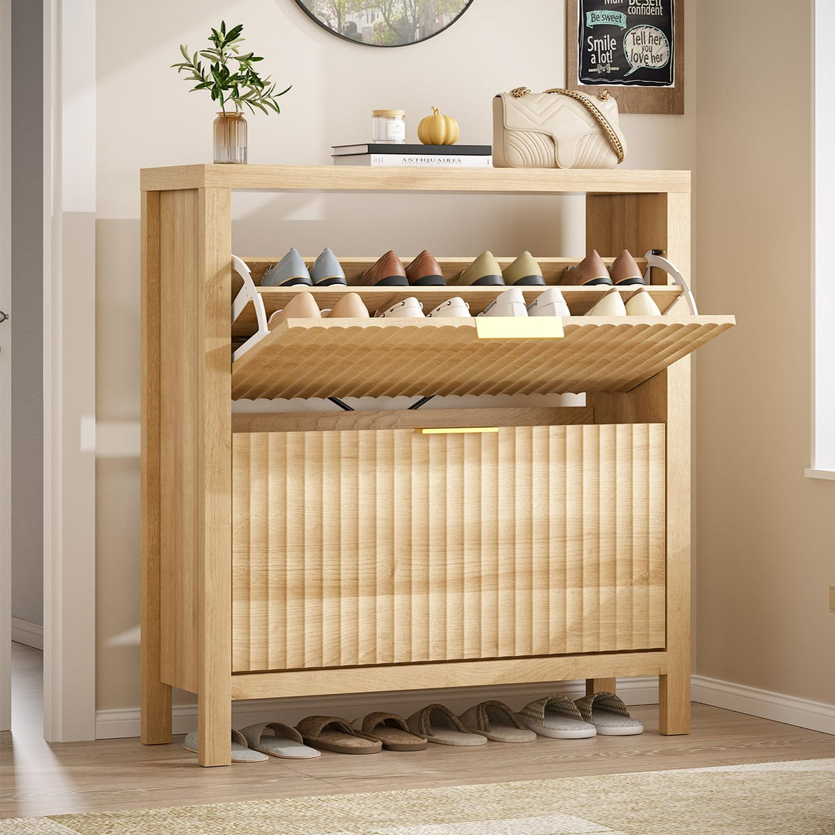 YOMILUVE Shoe Cabinet Storage for Entryway, Fluted Shoe Cabinet with 2 Flip Drawers, Hidden Shoe Rack Tall Freestanding Shoe Organizer with Legs for Hallway, Wood YOMILUVE