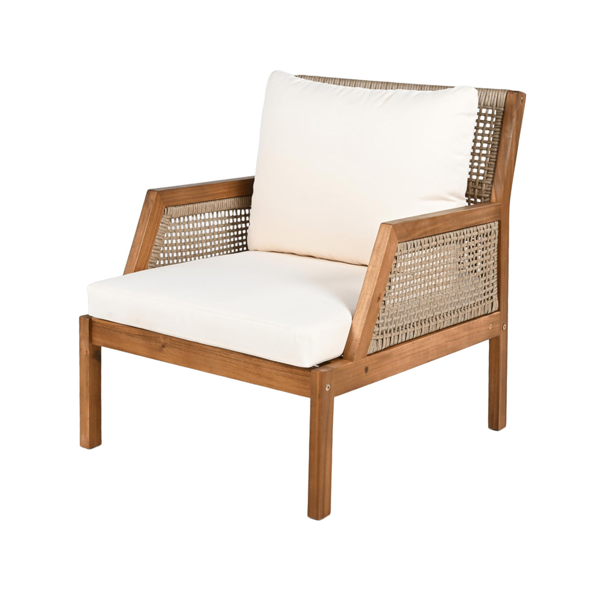 Christopher Knight Home Lena Patio Accent Chair, Acacia Wood Club Chair, Wicker Backrest Armchair, Upholstered Cushion Seating, Wooden Chairs for Balcony Backyard Garden, 23.5" 400lbs Teak+Cream Christopher Knight Home