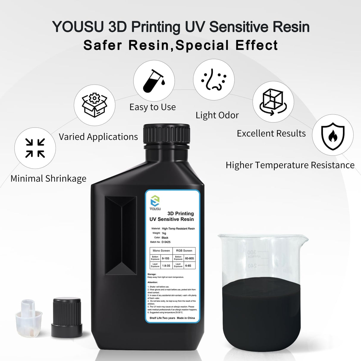 YOUSU High-Temp Resistant 3D Printer Resin - Up to 220°C, 3D Printing Resin for Engineering, Industrial Applications, 405nm DLP LCD UV-Curing Photopolymer Resin, Black 1000g Yousu