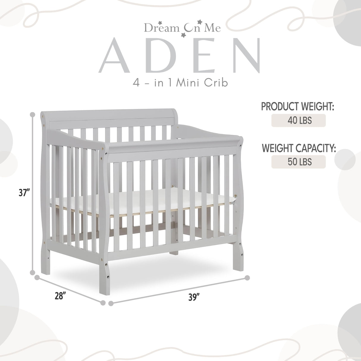Dream On Me Aden 4-in-1 Convertible Mini Crib In Grey, Greenguard Gold Certified, Non-Toxic Finish, New Zealand Pinewood, With 3 Mattress Height Settings Dream On Me