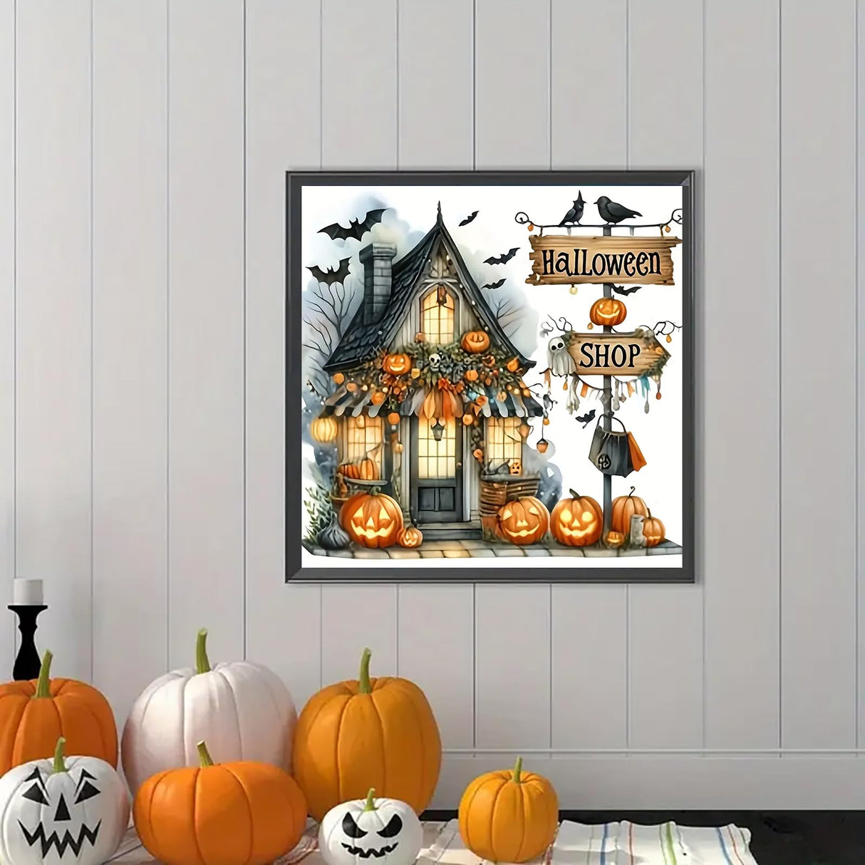 Pumpkin Bat Shop Diamond Art Kits for Adults, 5D Halloween Diamond Painting Kits for Adults Beginners, DIY Full Round Drill Diamond Dot Painting Gem Art Kits for Adult, Home Wall Decor 13.8x13.8 Inch VCLKDIY