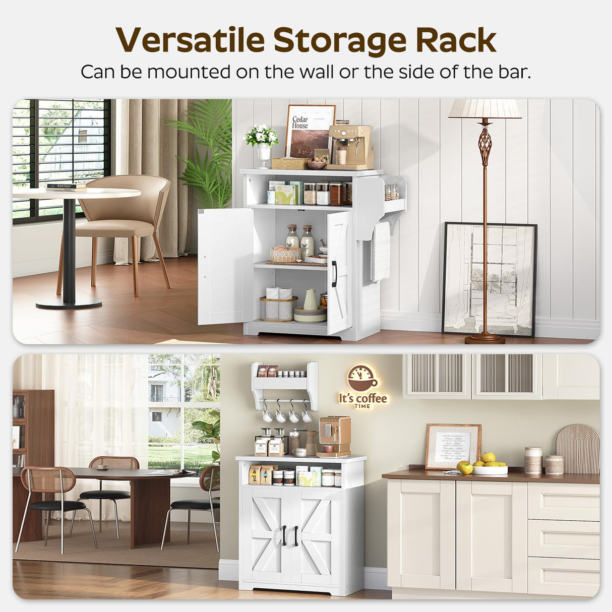 YATINEY Coffee Bar Cabinet, Kitchen Island with Storage, Farmhouse Sideboard Buffet Cabinet with Dual-Purpose Floating Shelf and Hooks, for Kitchen, Restaurant, Living Room, White KF22WT YATINEY