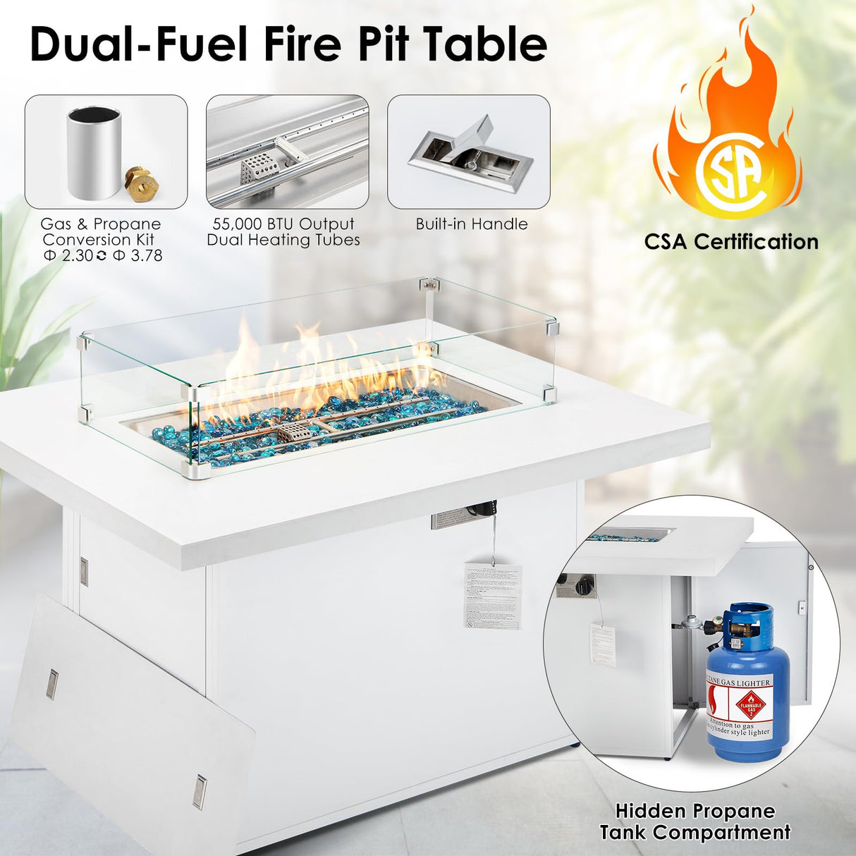 RADIATA 6 Person Large Modern Aluminum Outdoor Patio Furniture Set with Fireplace, 29" Wide Deep Seating, U Shaped Combo Sectional Couch, Water Resistant Conversation Set for Backyard Terrace, White RADIATA